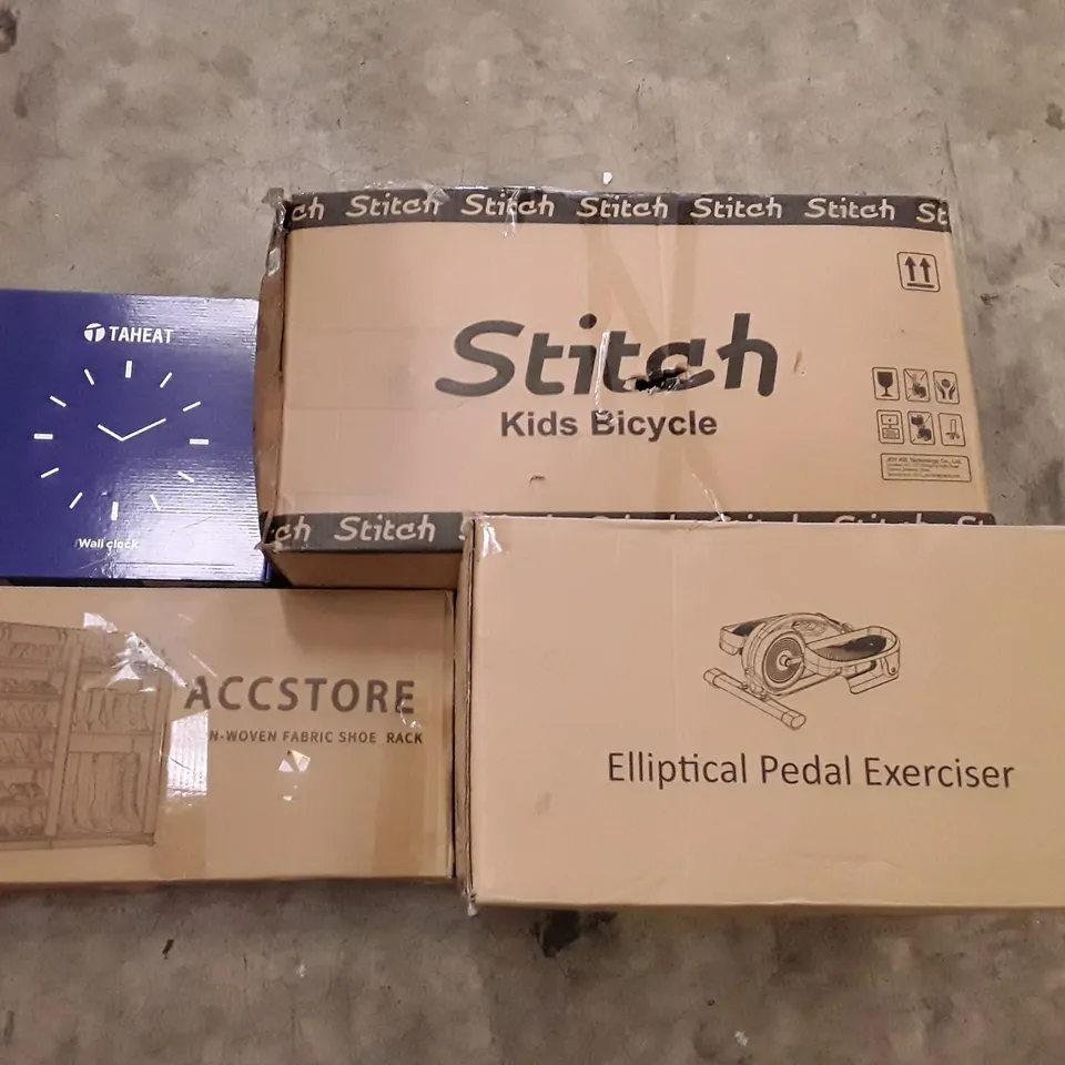 PALLET OF ASSORTED PRODUCTS INCLUDING ELLIPTICAL PEDAL EXERCISER, ACCSTORE NON-WOVEN FABRIC SHOE RACK, WALL CLOCK, KIDS BICYCLE, SOUNDBAR