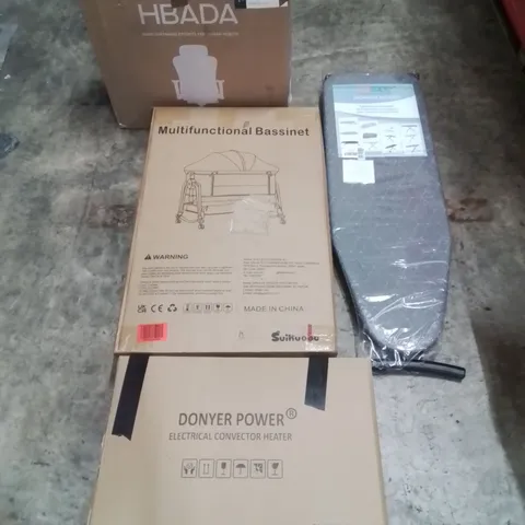 PALLET OF ASSORTED HOUSEHOLD GOODS AND PRODUCTS TO INCLUDE; ELECTRIC HEATER, BASSINET, IRONING BOARD, OFFICE CHAIR, BOXED FURNITURE ETC