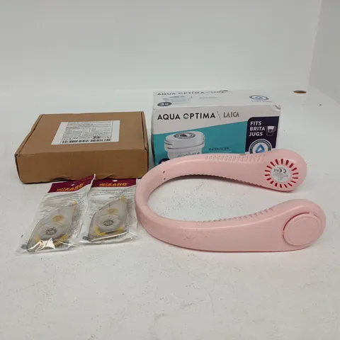 TOTE OF APPROXIMATELY 15 ASSORTED ITEMS TO INCLUDE AQUA OPTIMA EVOLVE+ WATER FILTER, WEARABLE FAN, WIZARD CORRECTION ROLLERS ETC