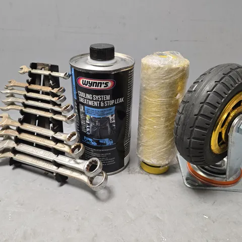 APPROXIMATELY 6 ASSORTED ITEMS TO INCLUDE - WYNN'S COOLING SYSTEM TREATMENT & STOP LEAK , WHEEL ETC