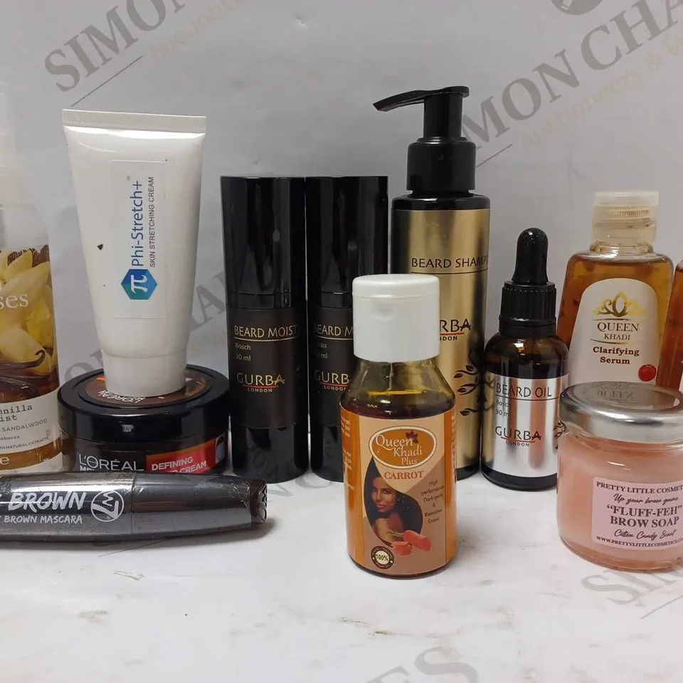 LOT OF APPROX 12 ASSORTED BEAUTY PRODUCTS TO INCLUDE MAYBELLINE LIPSTICK, L'OREAL MEN EXPERT DEFINING FIBER CREAM, GURBA BEARD SHAMPOO, ETC 