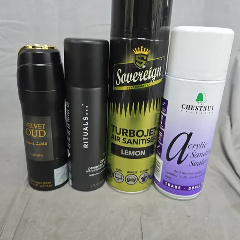 APPROXIMATELY 10 ASSORTED AEROSOLS TO INCLUDE RITUALS, SANDING SEALER AND TURBOJET AIR SANITISER