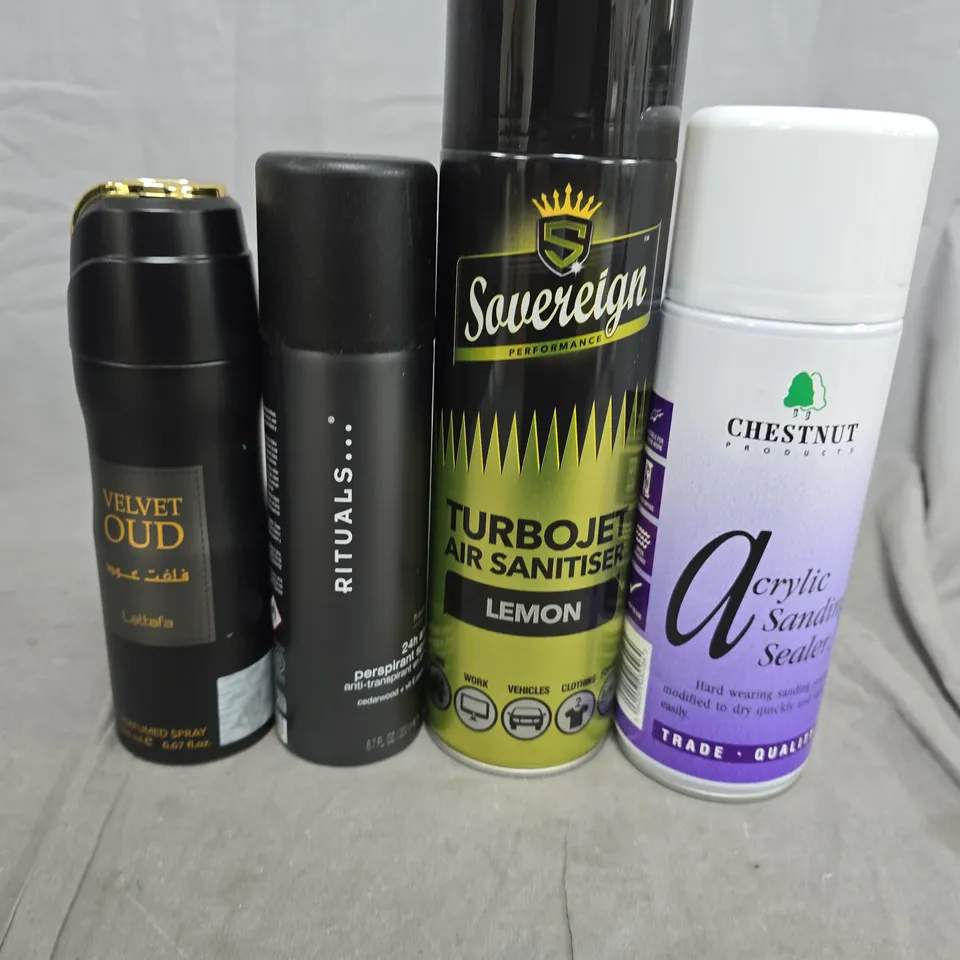 APPROXIMATELY 10 ASSORTED AEROSOLS TO INCLUDE RITUALS, SANDING SEALER AND TURBOJET AIR SANITISER