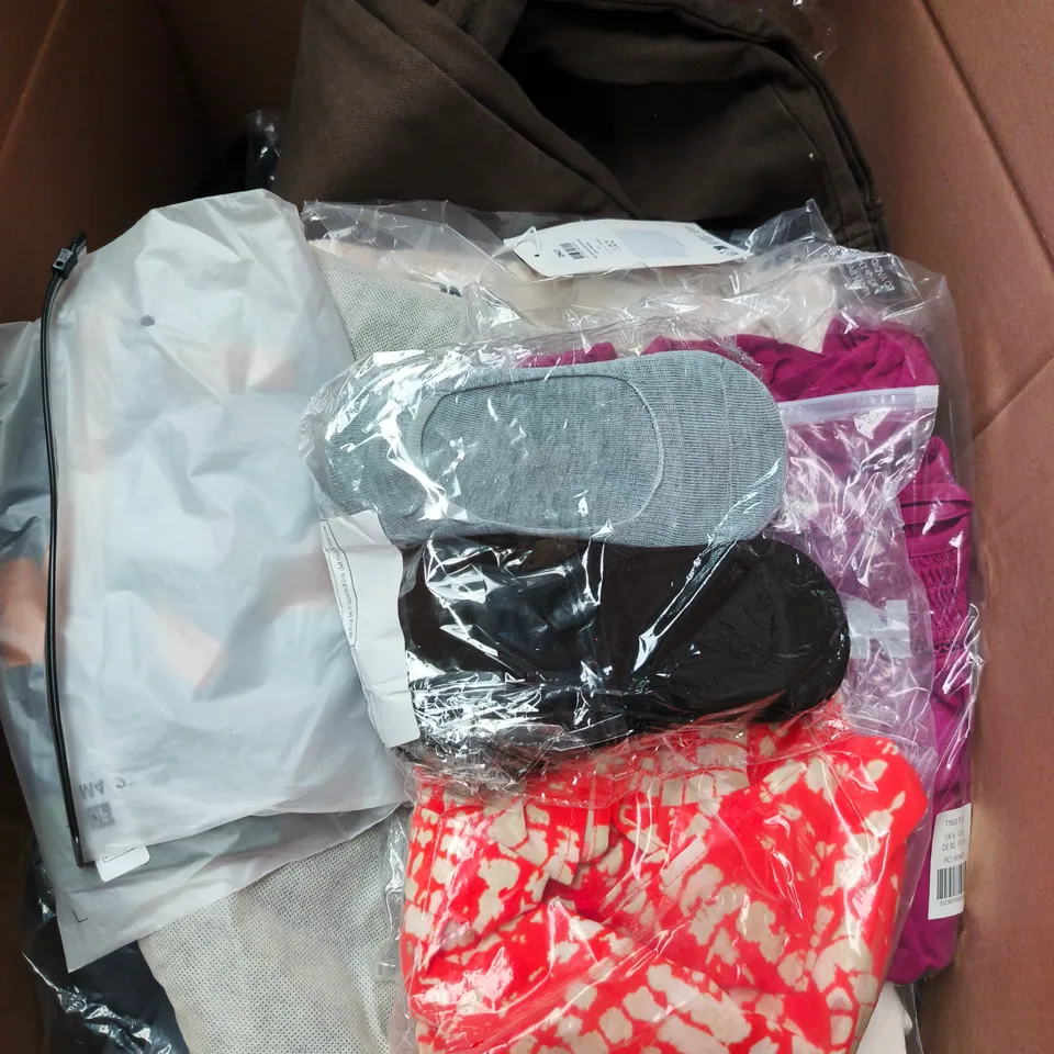 LARGE BOX OF APPROXIMATELY 25 ASSORTED CLOTHING ITEMS IN VARIOUS COLOURS, STYLES AND SIZES - COLLECTION ONLY
