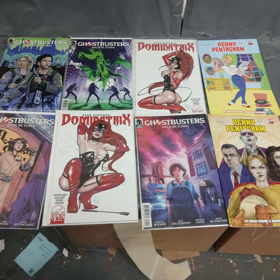 APPROXIMATELY NINE ASSORTED COMICS TO INCLUDE; PENNY PENTAGRAM, DOMINATRIX AND GHOST BUSTERS