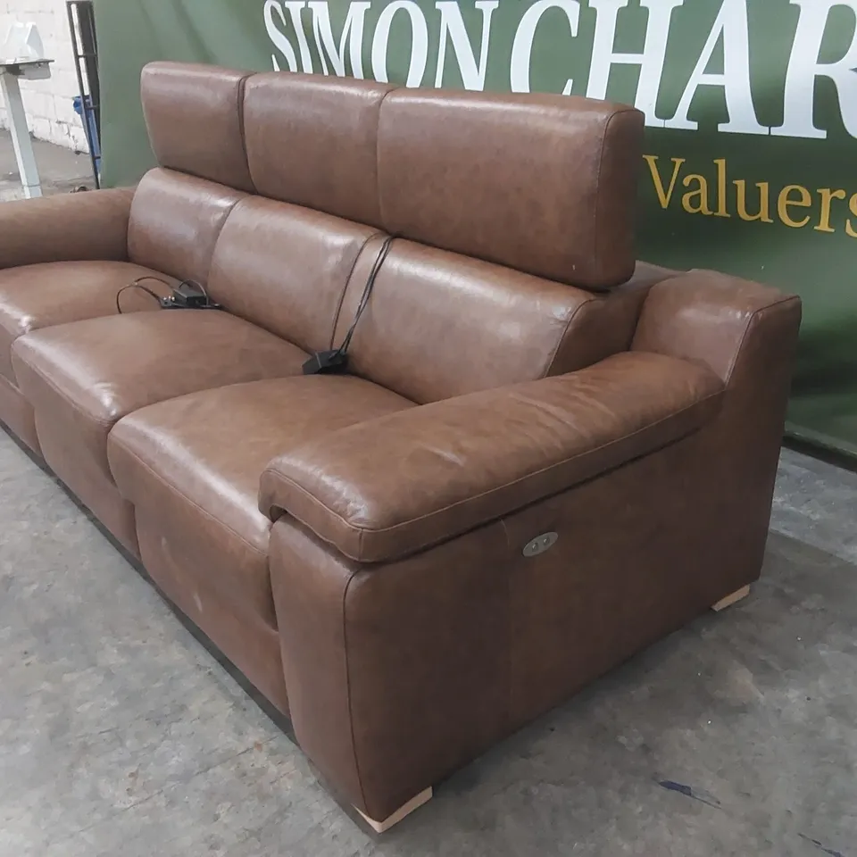 QUALITY DESIGNER ITALIAN MADE RICCARDO 3 SEATER ELECTRIC RECLINING LEATHER SOFA - BRANDY