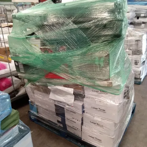 PALLET OF ASSORTED HOUSEHOLD GOODS AND PRODUCTS TO INCLUDE; A LARGE QUANTITY OF TONER CARTRIDGES, HEATERS, PEDESTAL FAN, KITCHEN BIN, CHRISTMAS TREE ETC