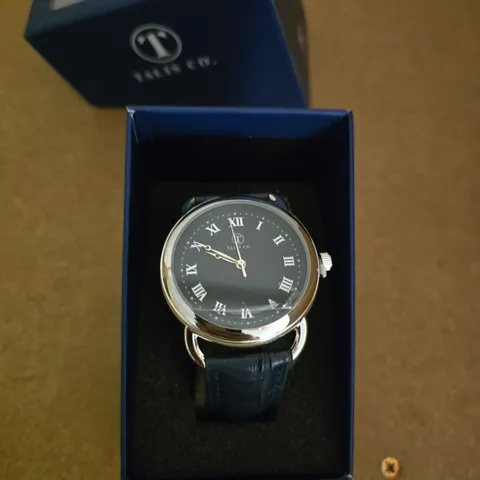 TALIS CO. ANALOG WRISTWATCH WITH NAVY BLUE LEATHER STRAP IN PRESENTATION BOX