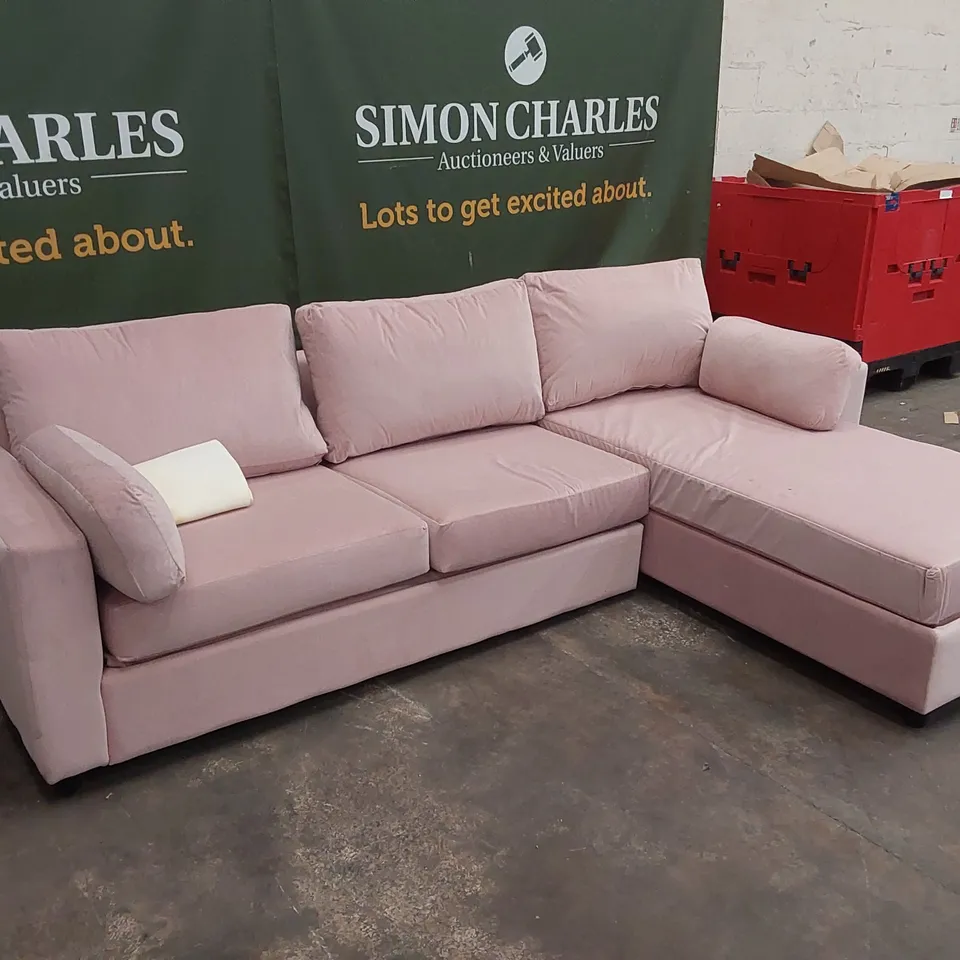QUALITY DESIGNER PETAL PINK FABRIC CORNER CHAISE SOFA BED