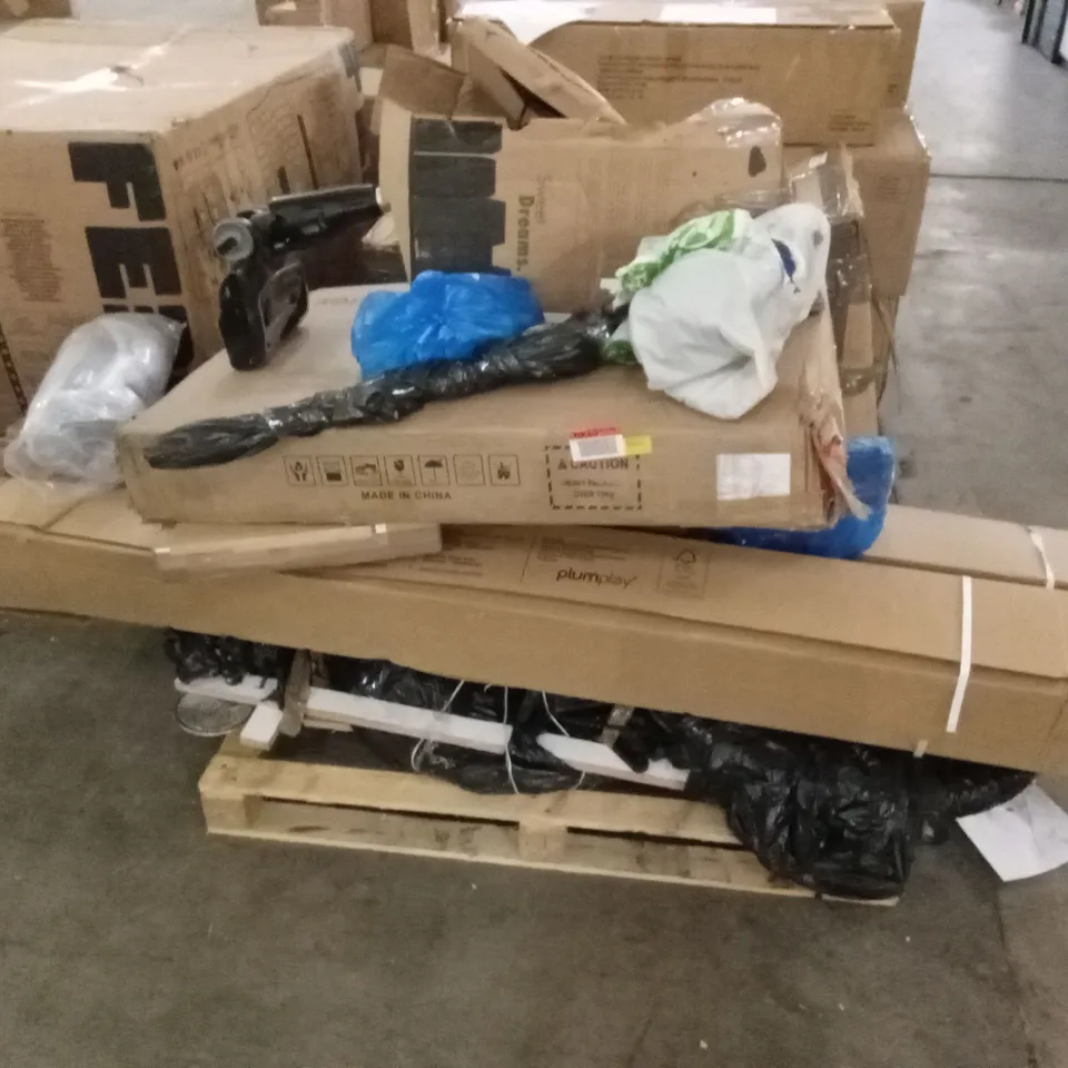PALLET OF ASSORTED HOUSEHOLD GOODS AND INCOMPLETE FURNITURE PARTS TO INCLUDE; VACUUM CLEANERS, PLUM PLAY PARTS, BIKE PARTS ETC