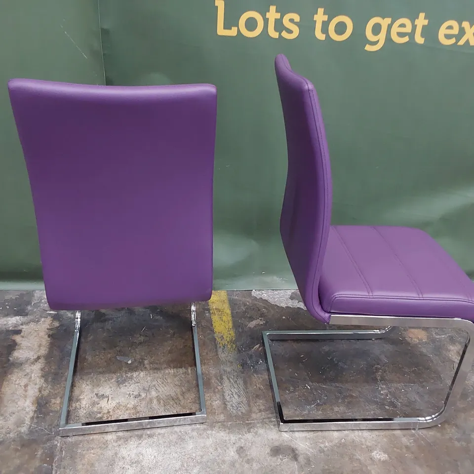 PAIR UPHOLSTERED DINING CHAIRS PURPLE PU ON CHROME FRAMES 