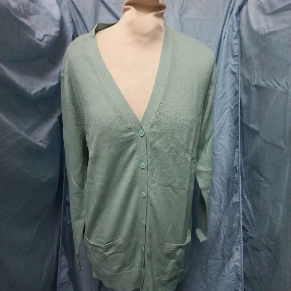 WOOLOVERS COTTON & CASHMERE LONG V-NECK CARDIGAN – SAGE, UK SIZE M