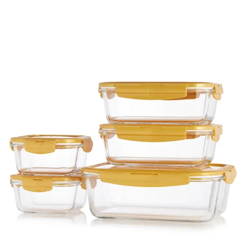 LOCK & LOCK 5 PIECE GLASSWARE STACKABLE SET IN YELLOW