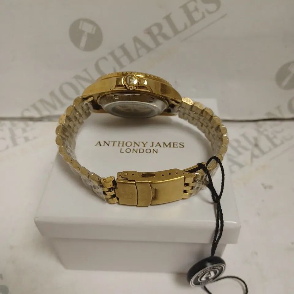 BOXED ANTHONY JAMES TACHYMETER AUTOMATIC SPORTS WATCH - STAINLESS STEEL - WATER RESISTANT. 