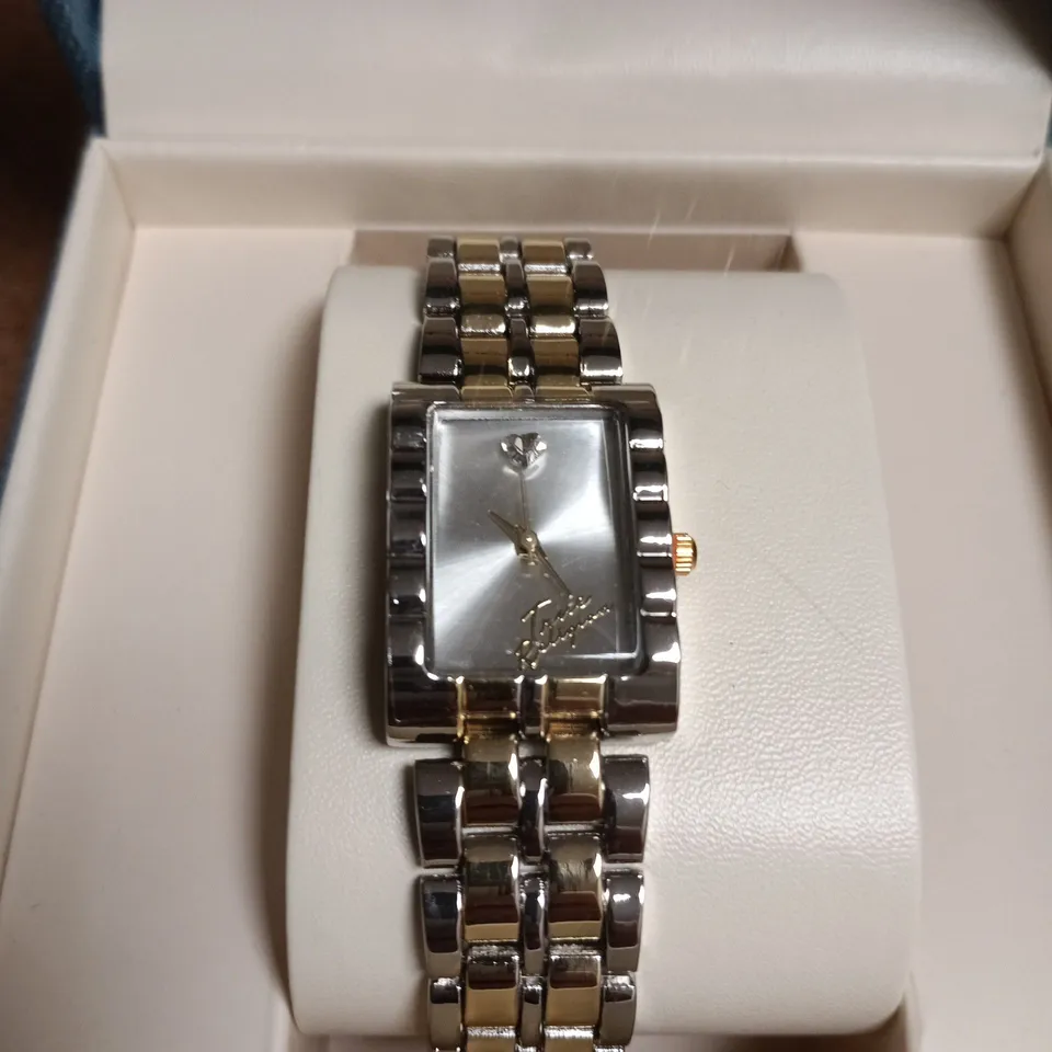 TRUE RELIGION BRAND JEANS WRISTWATCH – TWO-TONE STAINLESS STEEL, RECTANGULAR FACE (BOXED)