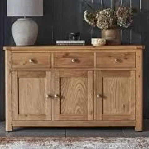 BOXED 3 DRAWER 3 DOOR SIDEBOARD - ANTIQUE LACQUER (1 BOX)