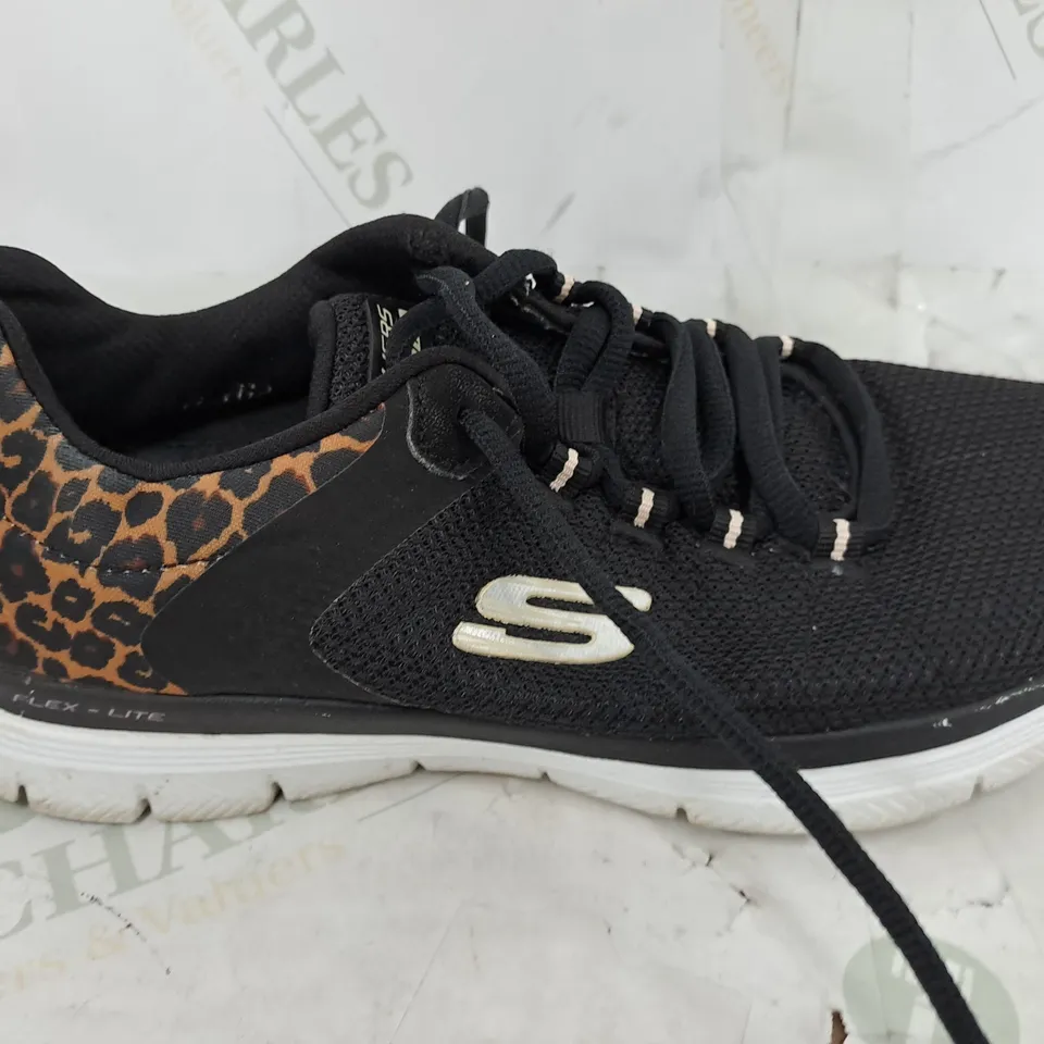 SKETCHERS ANIMAL PRINT FLEX TRAINERS IN BLACK - UK 3.5