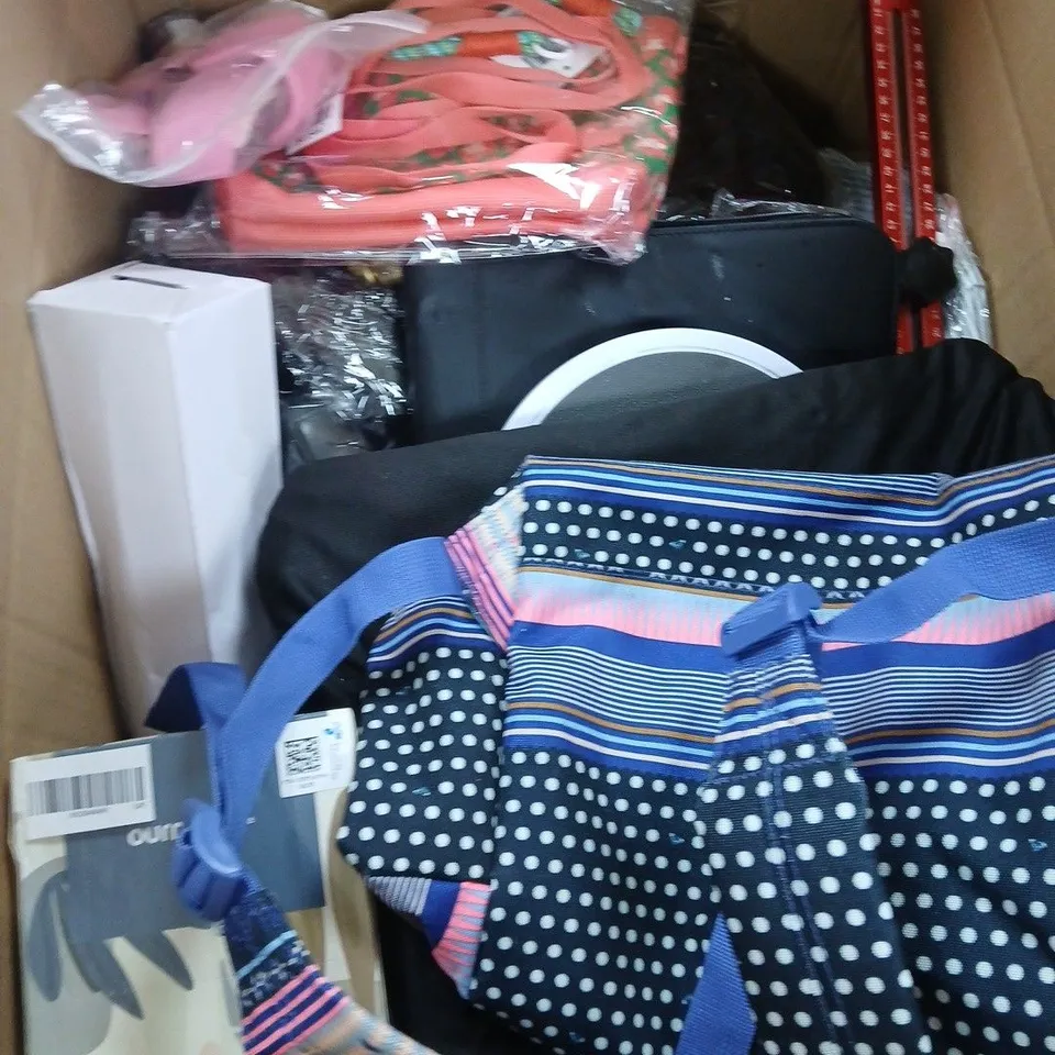BOX OF APPROXIMATELY 15 ASSORTED HOUSEHOLD ITEMS TO INCLUDE BACKPACK , TISSUES ETC...