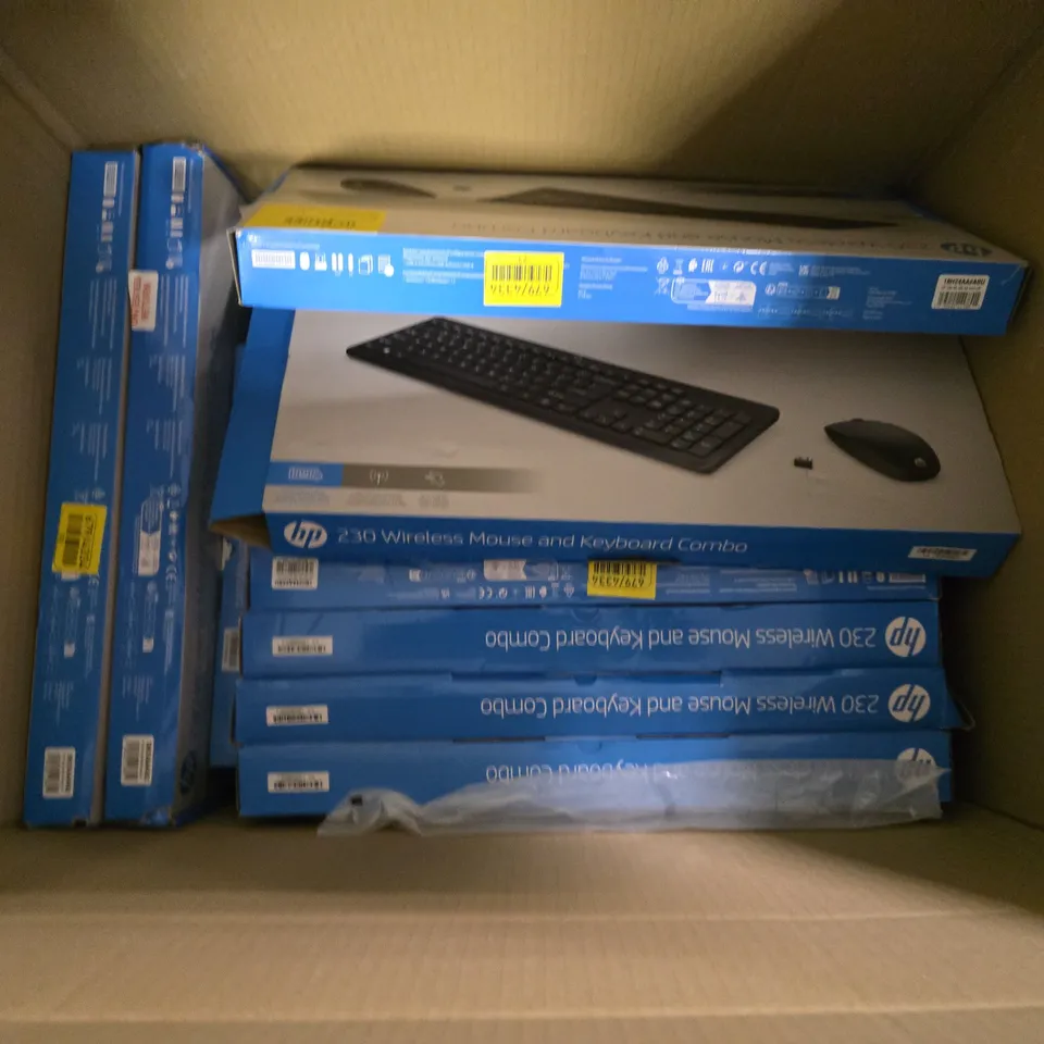 BOX OF APPROXIMATELY 9 ASSORTED HP ITEMS TO INCLUDE - 230 WIRELESS MOUSE & KEYBOARD COMBO 