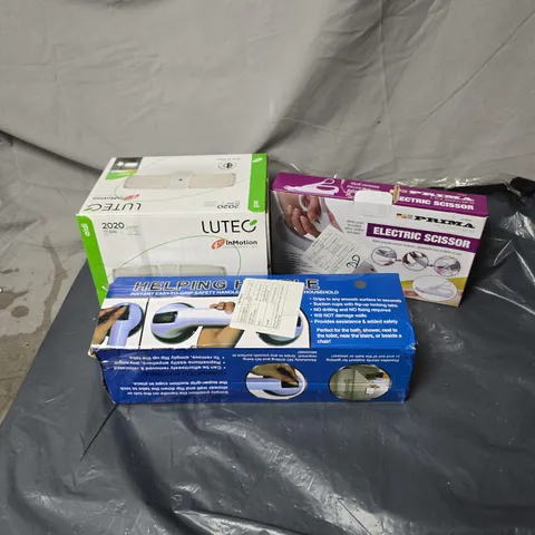 BOX OF APPROXIMATELY 12 ASSORTED HOUSEHOLD ITEMS TO INCLUDE ELECTRIC SCISSOR, HELPING HANDLE, SENSOR LIGHT ETC