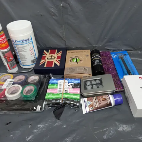 BOX OF ASSORTED HOUSEHOLD ITEMS TO INCLUDE POO BAGS, COFFEE PODS AND SILICONE