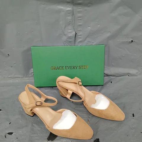 BOXED PAIR OF GRACE EVERY STEP BLOCK HEEL ANKLE STRAP - BEIGE - EU 40