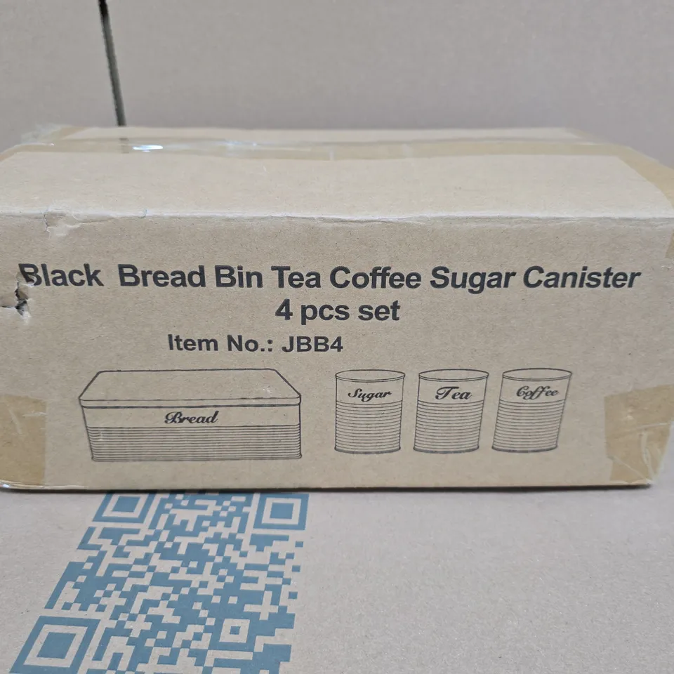 BLACK 4-PIECE KITCHEN CANISTER SET – BREAD BIN + TEA, COFFEE & SUGAR CANISTERS (JBB4)