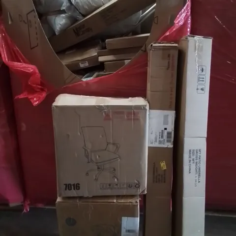PALLET CONTAINING VARIOUS ASSORTED BOXED HOUSEHOLD ITEMS TO INCLUDE: GARDEN PARASOLS, OFFICE CHAIR, KIDS PUSHCHAIR, AND LOTS MORE UNMARKED BOXED ITEMS