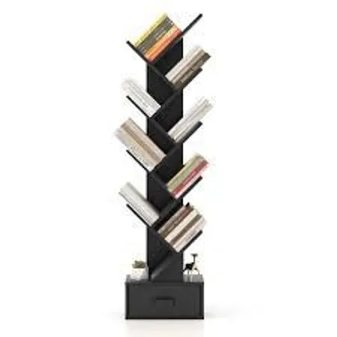 BOXED COSTWAY 10-TIER TREE BOOKSHELF WITH DRAWER - BLACK