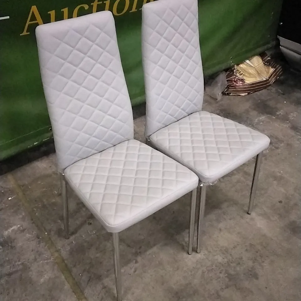 SET OF 2 GREY LEATHER PILLOWED DINING CHAIRS WITH CHROME LEGS 