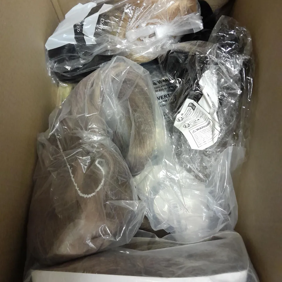 BOX OF APPROXIMATELY 15 ASSORTED WIGS AND HAIR EXTENSIONS IN ASSORTED BRANDS, STYLES AND COLOURS