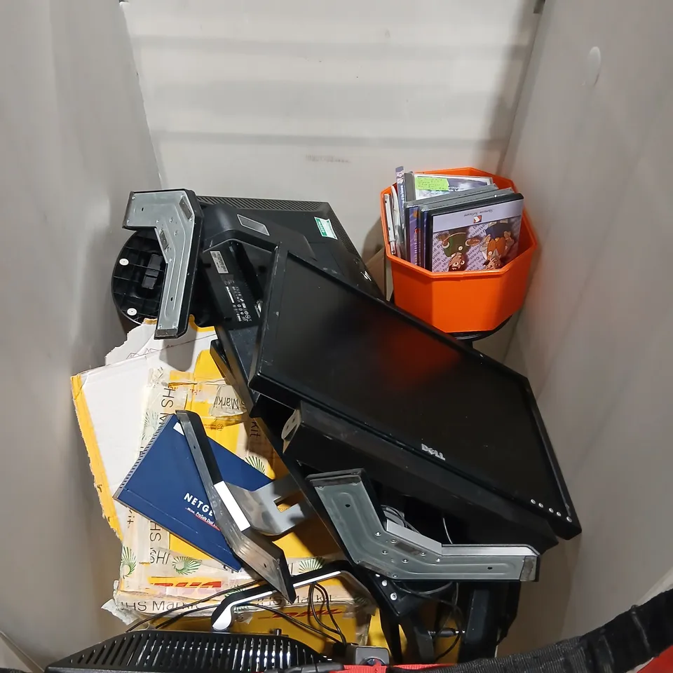 CAGE OF ASSORTED PRODUCTS TO INCLUDE; DELL MONITORS, NETGEAR PRO SAFE AND CDS