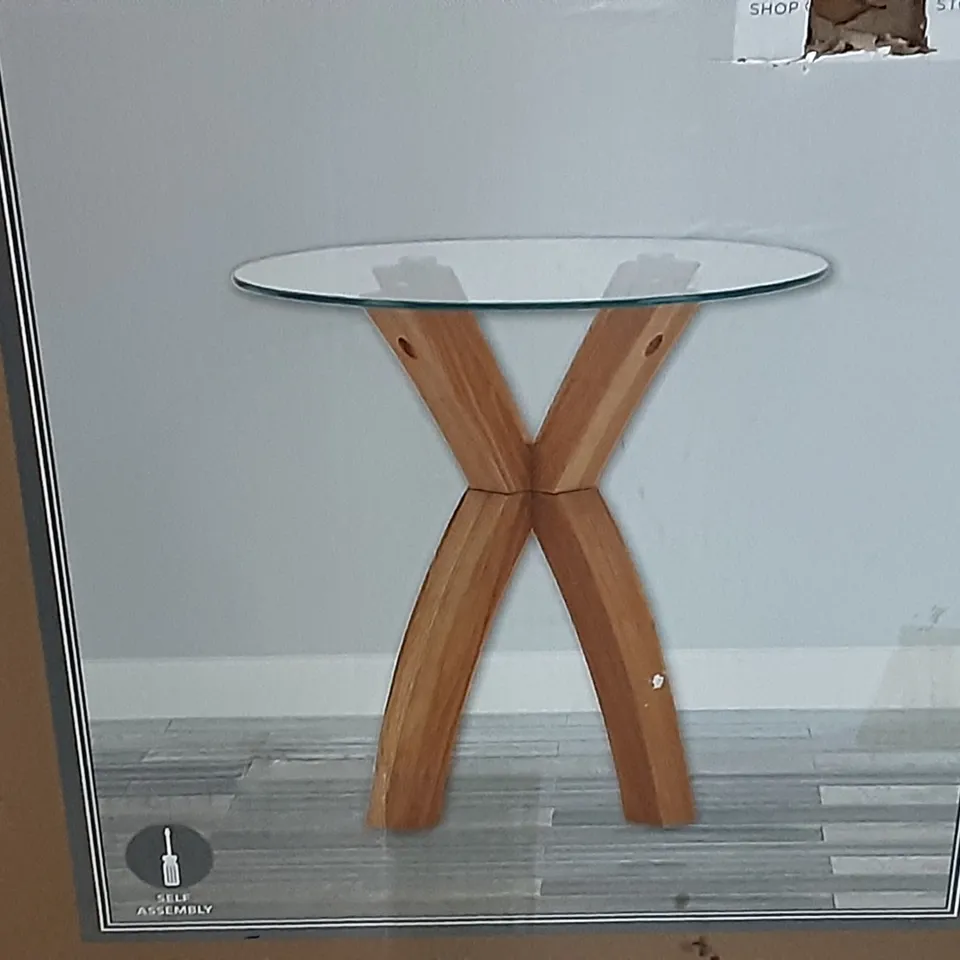 BOXED XAVI SIDE TABLE IN OAK AND GLASS , H60 X W80 X D50CM 