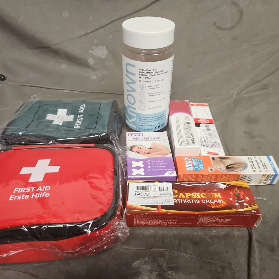 APPROXIMATELY 10 ASSORTED ITEMS TO INCLUDE FIRST AID KIT, CAPSICUM ARTHRITIS CREAM, MOUTH TAPE 
