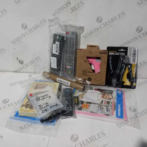 APPROXIMATELY 30 ASSORTED HOUSEHOLD ITEMS TO INCLUDE WIRE CUTTERS, MINI GLUE GUN, TV REMOTES, ETC