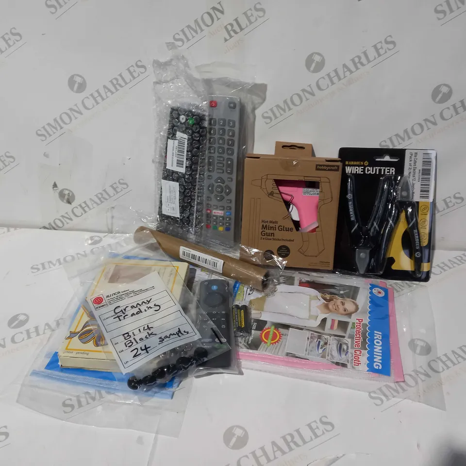 APPROXIMATELY 30 ASSORTED HOUSEHOLD ITEMS TO INCLUDE WIRE CUTTERS, MINI GLUE GUN, TV REMOTES, ETC