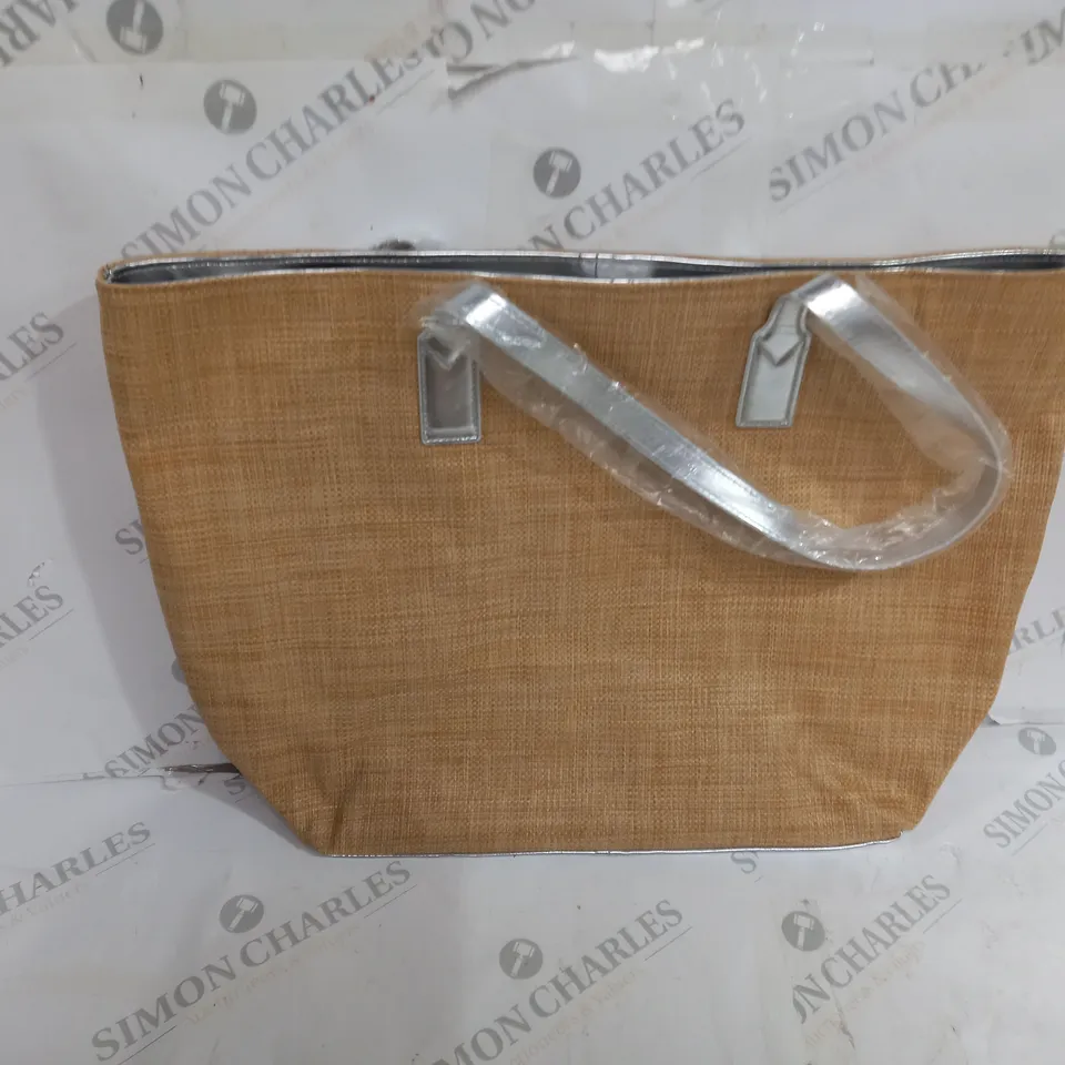 RUTH LANGSFORD BEIGE BEACH TOTE BLACK INTERIOR AND SILVER ACCENTS