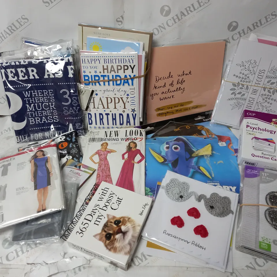 APPROXIMATELY 30 HOUSEHOLD ITEMS INCLUDING BIRTHDAY CARDS, BALLONS AND DRESS PATTERENS