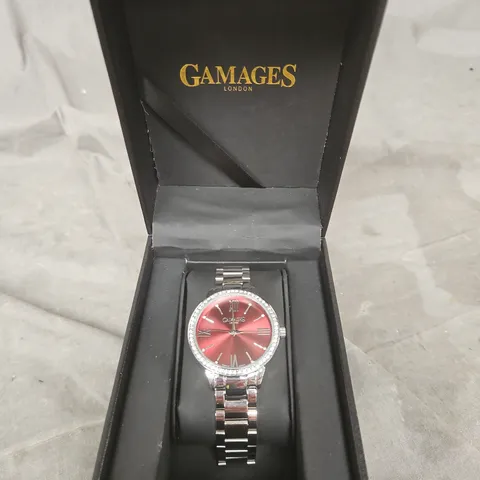 GAMAGES LONDON LADIES' WRISTWATCH WITH RED DIAL AND CRYSTAL BEZEL