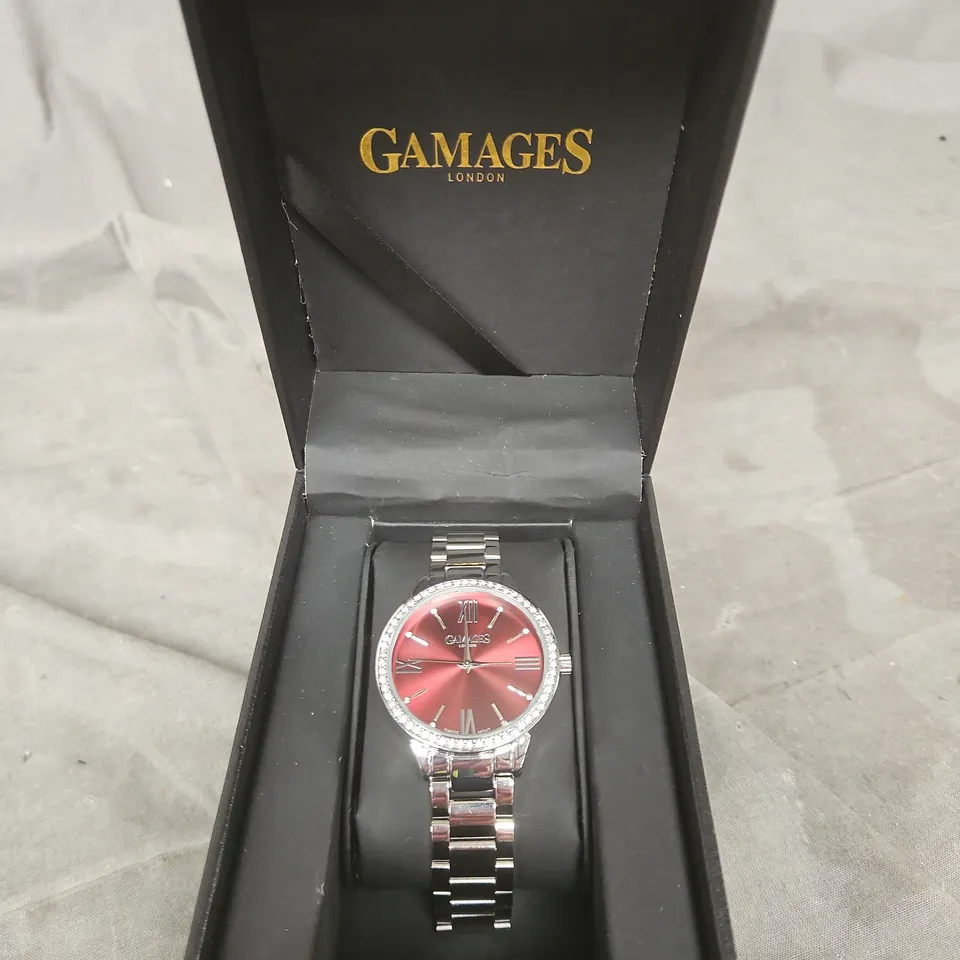 GAMAGES LONDON LADIES' WRISTWATCH WITH RED DIAL AND CRYSTAL BEZEL