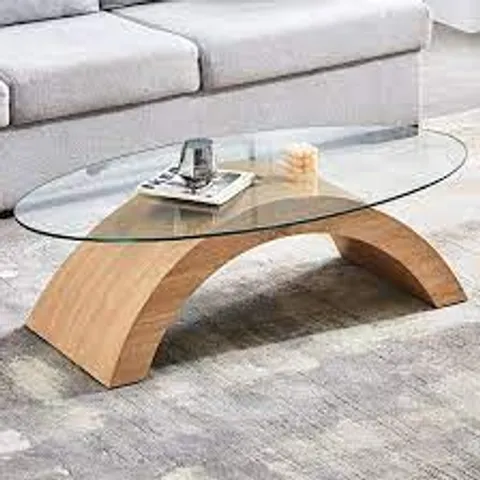 BOXED OLAL GLASS COFFEE TABLE IN CLEAR & GLOSSY OAK MARBLE FINISH (2 BOXES)