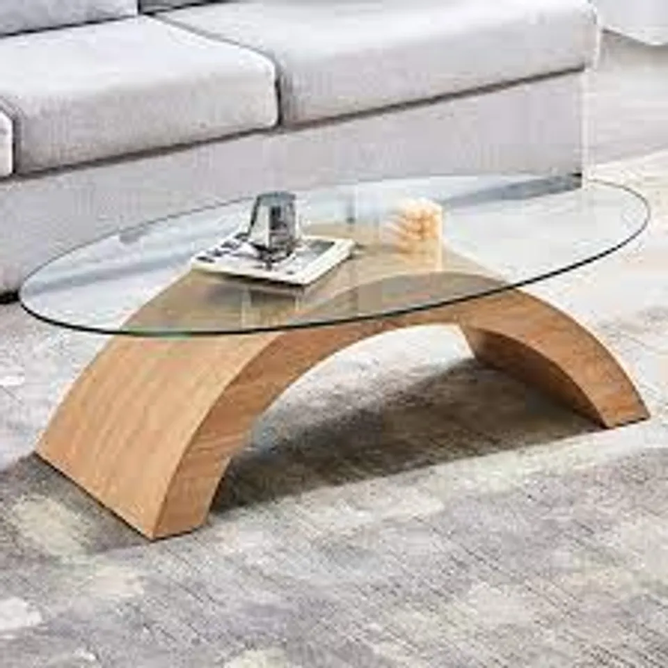 BOXED OLAL GLASS COFFEE TABLE IN CLEAR & GLOSSY OAK MARBLE FINISH (2 BOXES)