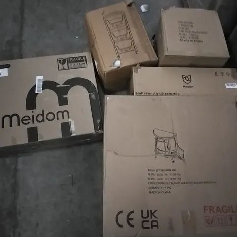PALLET OF ASSORTED ITEMS INCLUDING MOOLAN MULTIFUNCTION STEAM MOP, MEIDOM MAKEUP MIRROR, ROLAND PIANO BENCH, OMMO AIR FRYER, HOMIDEC, ELECTRIC INDOOR FIREPLACE