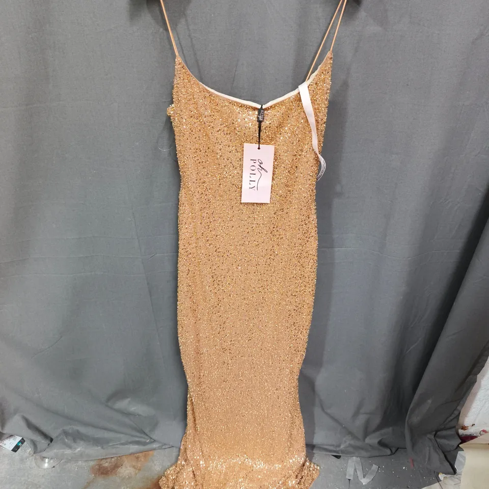 OH POLLY SEQUIN EVENING DRESS – PEACH/GOLD, UK 12