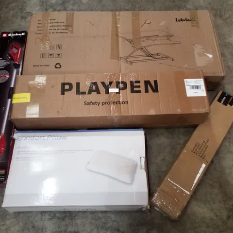 PALLET CONTAINING ASSORTED PRODUCTS INCLUDING SIT STAND DESK, PLAYPEN, COMFORT PILLOW, CLOTHES RAIL, CORDLESS GRASS TRIMMER & GAMING CHAIR