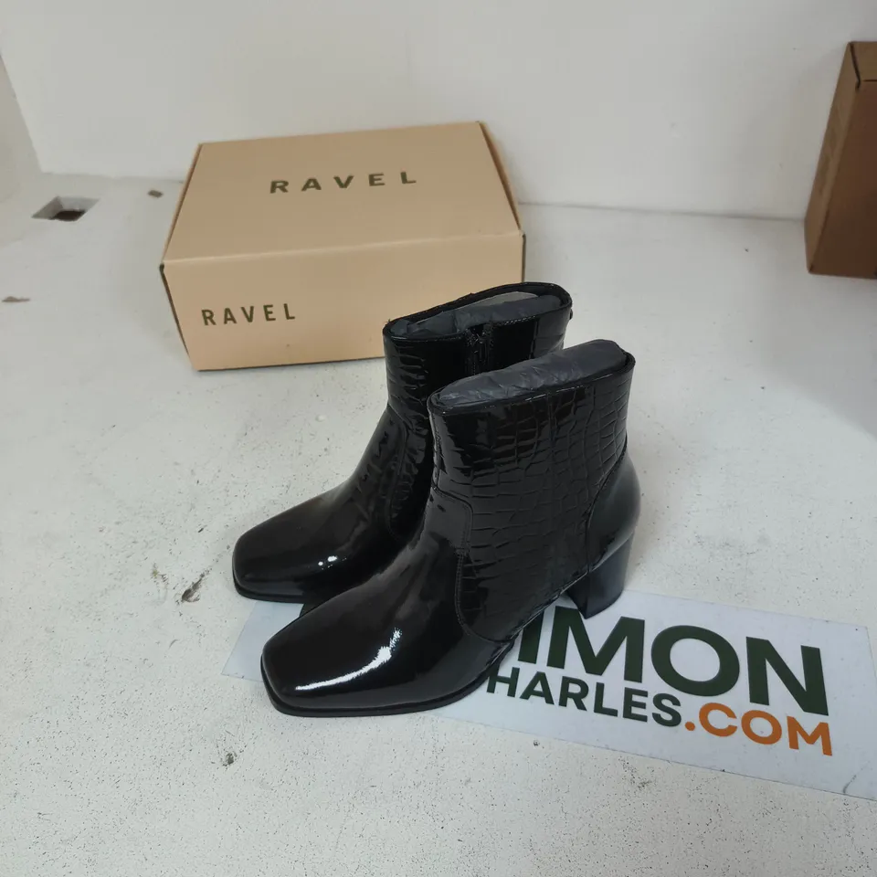 RAVEL BLACK CROC PATENT LEATHER ANKLE BOOTS – UK 5 (EU 38)