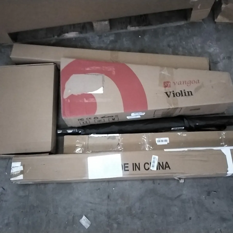 PALLET OF ASSORTED ITEMS INCLUDING VANGOA VIOLIN, AETKFO FITNESS HORIZONTAL BAR, MELISSA&DOUG 2 DOLLS WITH DUMMIES, COLORFEY PET RAMP, MULTIPURPOSE COVER