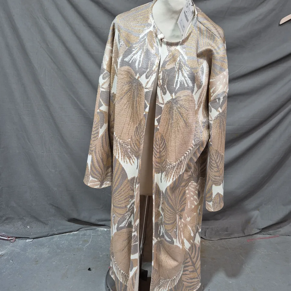 ZARA WOMEN’S LONGLINE COAT / DUSTER – BROWN & CREAM LEAF PRINT – UK S