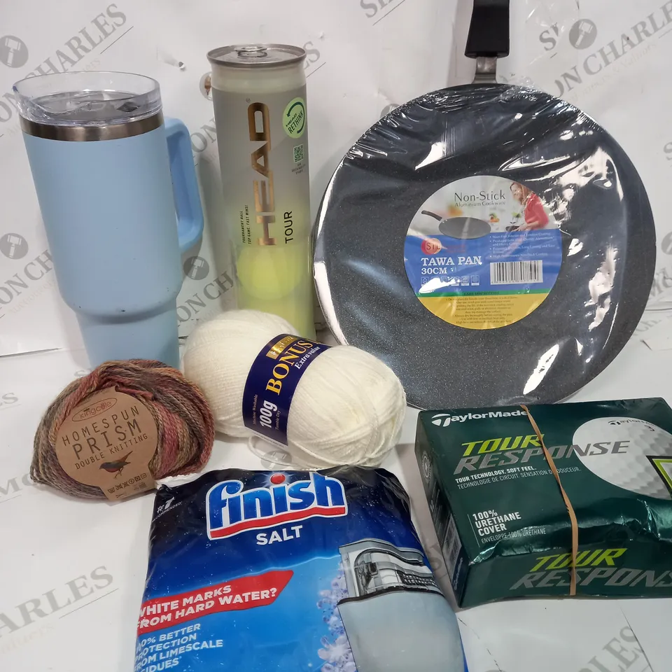 BOX OF APPROXIMATELY 15 ASSORTED ITEMS TO INCLUDE GOLF BALLS, YARN, TAWA PAN ETC
