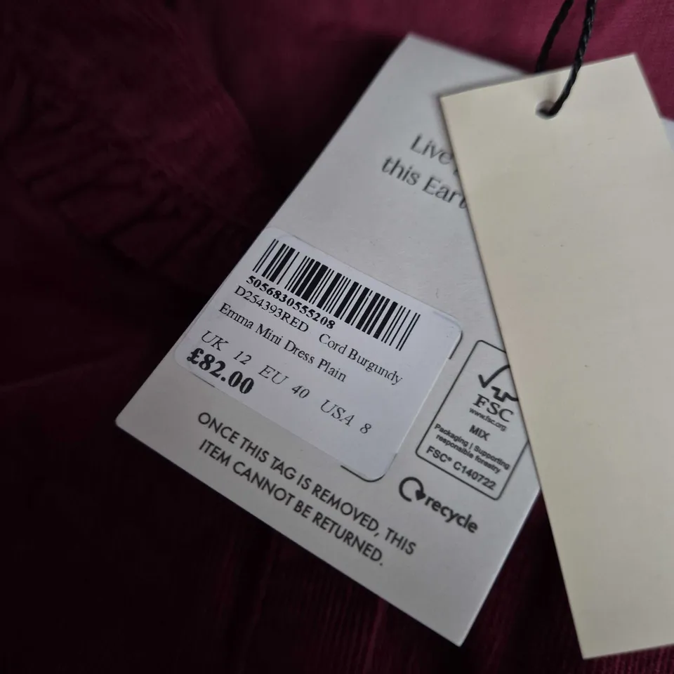 NOBODY'S CHILD BURGUNDY DRESS – UK 12 (EU 40, USA 8) EMMA MIMI DRESS PLAIN